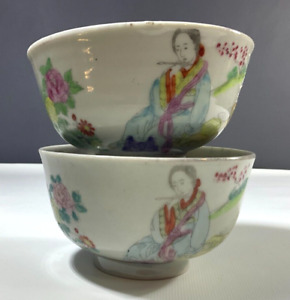 Antique Chinese Rice Bowls Hand Painted Set Of 2