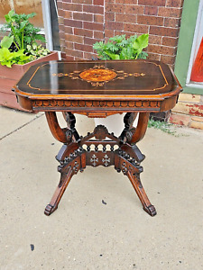 Victorian Antique Eastlake Aesthetic Marquetry Inlaid Parlor Table Bird Motif