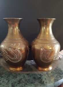 Two Brass Trench Art Vases From The Vietnam War With Intricate Dragon Designs