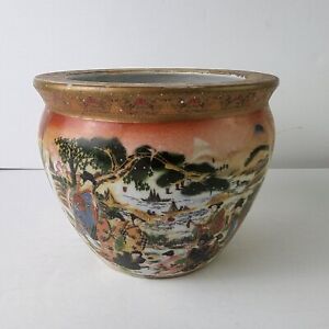 Vintage Chinese Satsuma Style Hand Painted Porcelain Vase Fish Pot Bowl Planter