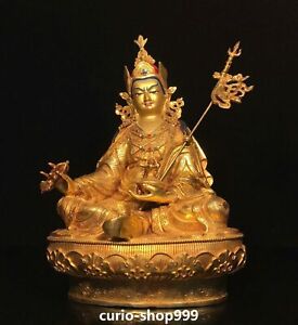 13 Old Bronze Gilt Painting Inlay Gems Guru Padmasambhava Rinpoche Buddha Statue
