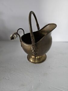 Vintage Brass Coal Scuttle Bucket With Delft Porcelain Handle Made In Holland 