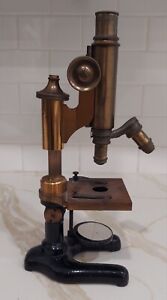 Antique E Leitz Wetzlar Gold Black Solid Brass Microscope No Box 2 Objectives