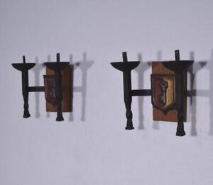 Pair Of Vintage French Wrought Iron And Oak Primitive Wall Sconces