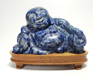 Vintage Chinese Lapis Lazuli Ho Tai Buddha Happy W Wood Base