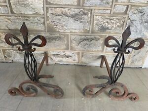 Antique Fleur De Lis Style Fireplace Andirons Ornate Twisted Wrought Iron 23x18 