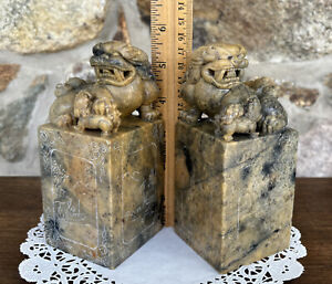 Chinese Soapstone Foo Dogs Intricately Carved Etched Pillar Bookends Pair