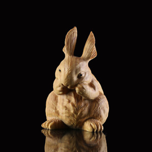 Chinese Wood Boxwood Hand Carving Figurine Fengshui Rabbit Animal Lukcy Statue