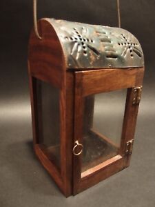 Antique Style Wood Punched Tin Glass Lantern Lamp Candle Holder