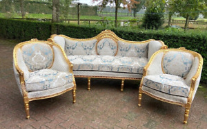 1940 S French Louis Xvi Sofa Set In Gold Beech And Damask 3 Piece Ensemble