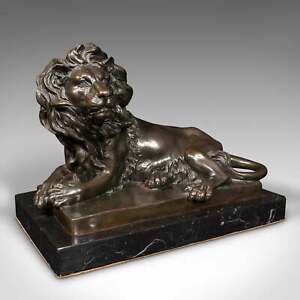 Vintage Recumbent Lion Figure Continental Bronze Animal Sculpture After Barye