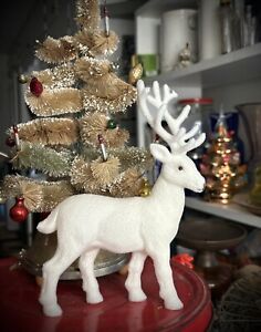 White Flocked Putz Vintage Style Christmas Buck Deer Reindeer 8 Tall Beautiful