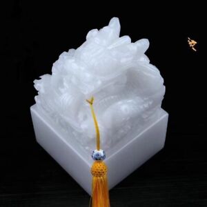 Chinese Handmade Dragon Carved Natural White Jade Square Seal