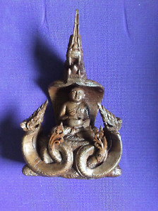 Antique Buddha With 3 Cobras Craved Wood Sculpture Estimated 19th Century