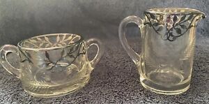 Glass Silver Trimmed Etched Creamer And Sugar Bowl