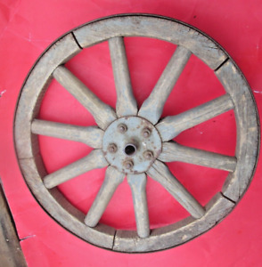 Antique German Wooden Wagon Cart Wheelbarrow Wheel 17 Diameter With Iron Rim 