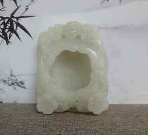 Vintage Chinese Hand Carving Bat And Flowers Hetian White Nephrite Jade Ink Pot