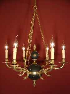 Fine Dark Green Varnish French Empire Chandelier Ceiling Lamp Used 6 Light 24 