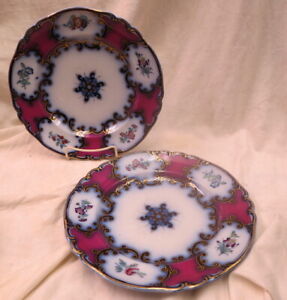 Pair Rare Civil War Era 1860 Dinner Plates Soup Bowls Purple Color Mkd Z808