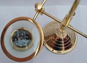 Brass Magnifying Glass Solid Vintage Desktop Adjustable Stand With Brass Compass