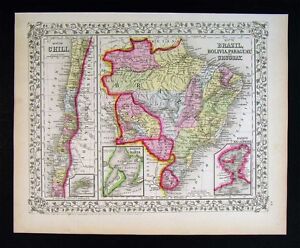 1867 Mitchell Map Brazil Rio De Janeiro Bahia Chili Bolivia Amazon South America