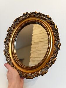 Vintage Ornate Carved Gilt Wood Oval Mirror 12 H