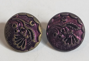 Antique Button Brass Flower Floral Design With Purple Enamel Set Of Two