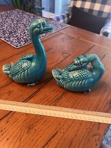 Antique Pair Chinese Turquoise Blue Goose Or Duck Figurines Signed Or Marked