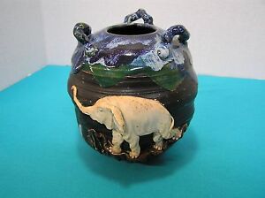 Rare 19 Century Vintage Japanes Sumida Gawa Elephant Pottery Vase Signed