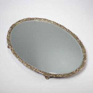 Antique French Footed Silver Plate Frame Oval Beveled Glass Mirror Tray 19 