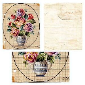 Antique Original Berlin Wool Work Hand Painted Chart Pattern Roses In Vase