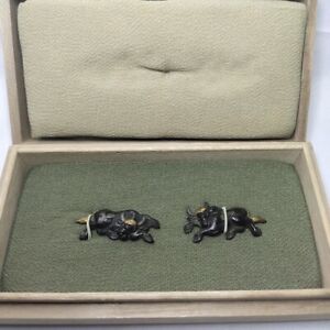 Japanese Sword Decoration Buffalo Menuki Gold Inlay Edo Antique Period Box
