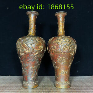 12 2 Noble Pair Copper Bronze Carved Dragon Cloud Crane Statue Bottle Big Vase