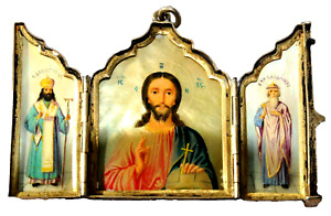  Russian Christian Religious Icon Silver Enamel Triptych Jesus Christ Paint Pin