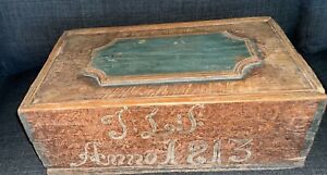 Outstanding Primitive Antique Wood Grain Painted Slide Top Box Date 1813