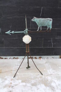 Sign Kretzer Antique Zinc Copper Cow Lightning Rod Weathervane Glass Ball