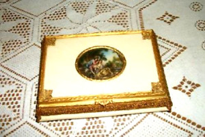 Antique Jewelry Casket French Ormolu Miniature Oil Painting Couple Convex Glass