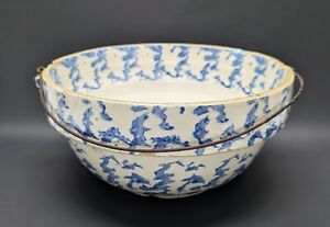 Vintage Antique Primitive Blue White Stoneware Spongeware Mixing Bowl Handle
