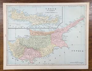 Vintage 1901 Cyprus Crete Map 14 X11 Old Antique Original Candia Nicosia