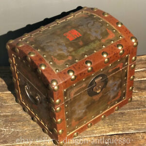 12 Old Tibet Wood Inlay Copper Sheet Nail 2 Dragon Gong Tea Box Treasure Chest