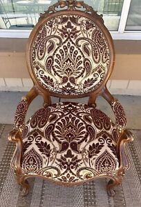 Vintage French Country Ornately Hand Carved Tapestry Chair With Brass Rivets