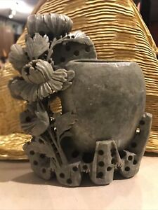 Vintage Carved Soapstone Brush Pot Holder Chinese Stone Carving 7 1 2 Green