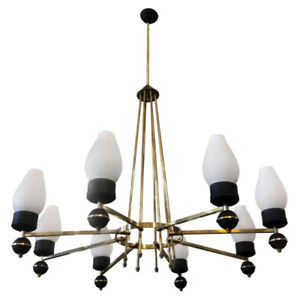 Mid Century Modern Brass And Black Metal Chandelier In The Manner Of Gi Ponti