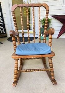 Vintage Child S Rocking Chair Oak Wood Carved Germany High Spindle Back 30 