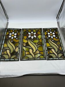 Set Of 3 Antique Leaded Stained Glass Windows Flowers Early 1900 S 18 