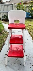 Vintage Mid Century Modern Red White Step Stool Chair W Pull Out Steps 1950 S