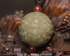 Ancient China Qing Dynasty Old Hetian Jade Foo Dog Lion Round Ball Jade Pendant