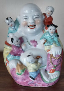 Fertility Laughing Buddha Figure With 5 Children Chinese Porcelain