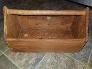 Vintage Handmade Primitive Wooden Tool Box Storage Caddy With Wood Handle