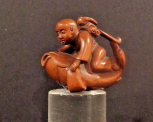 Vintage Japanese Carved Boxwood Netsuke Carving Of Boy Riding A Dolphin Signed